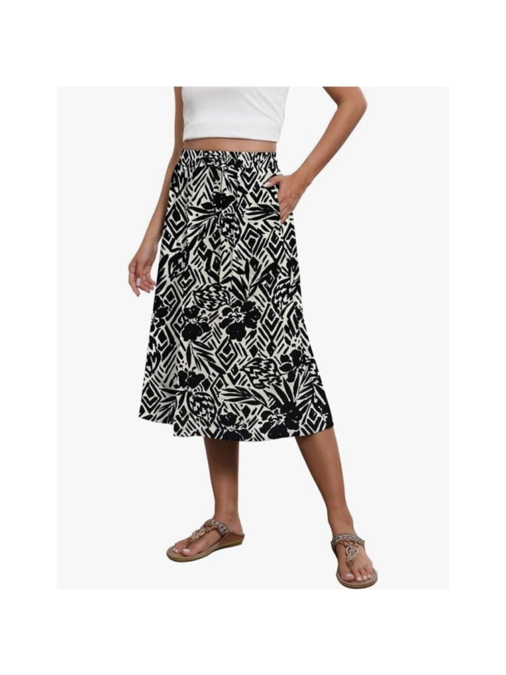 NEW Flowy Skirt Midi Elastic High Waist Skirt Pockets 2XL